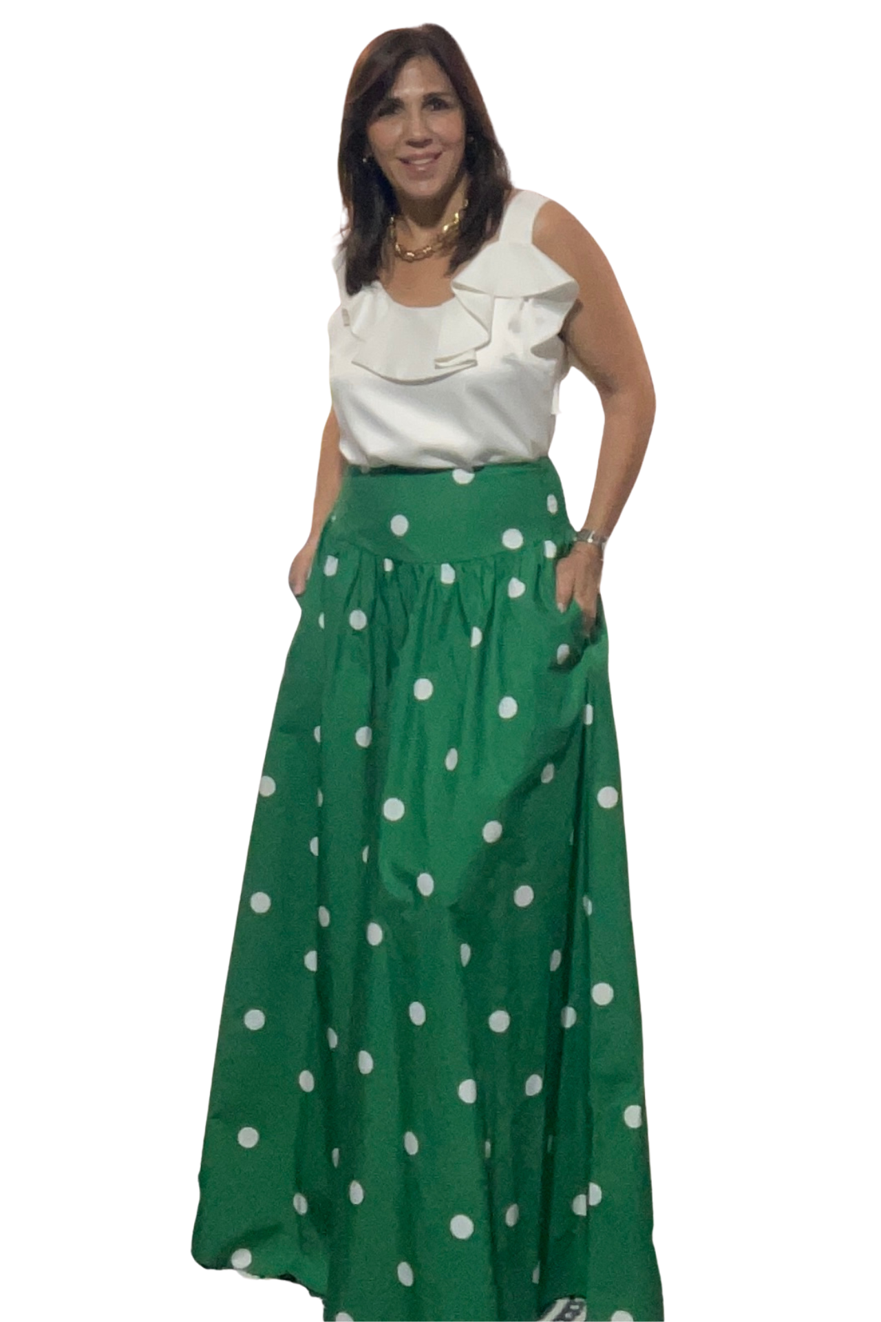 Monaco Polka Skirt styled separately with a white sleeveless blouse