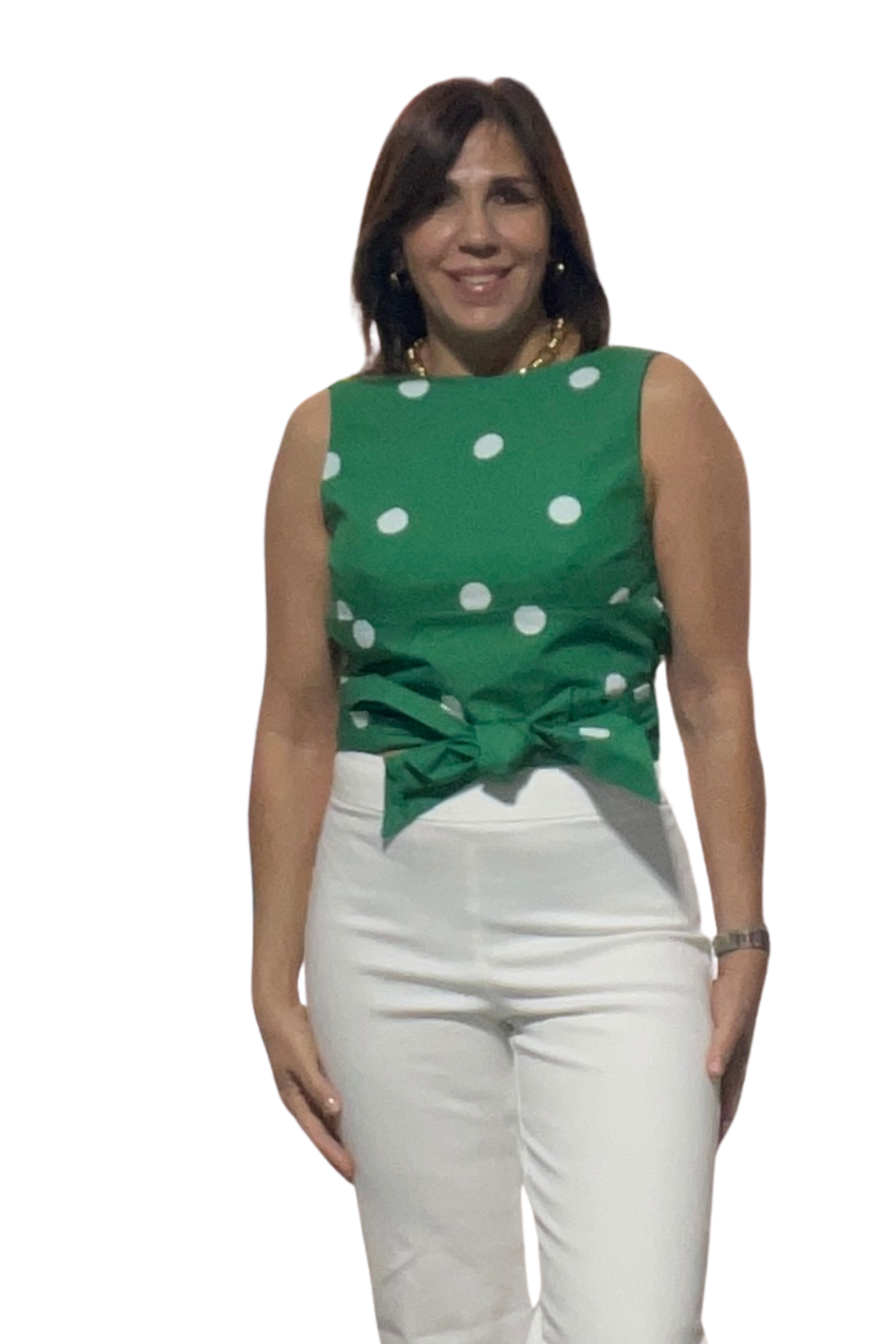 Monaco Polka Top in green and white styled with white trousers, front view