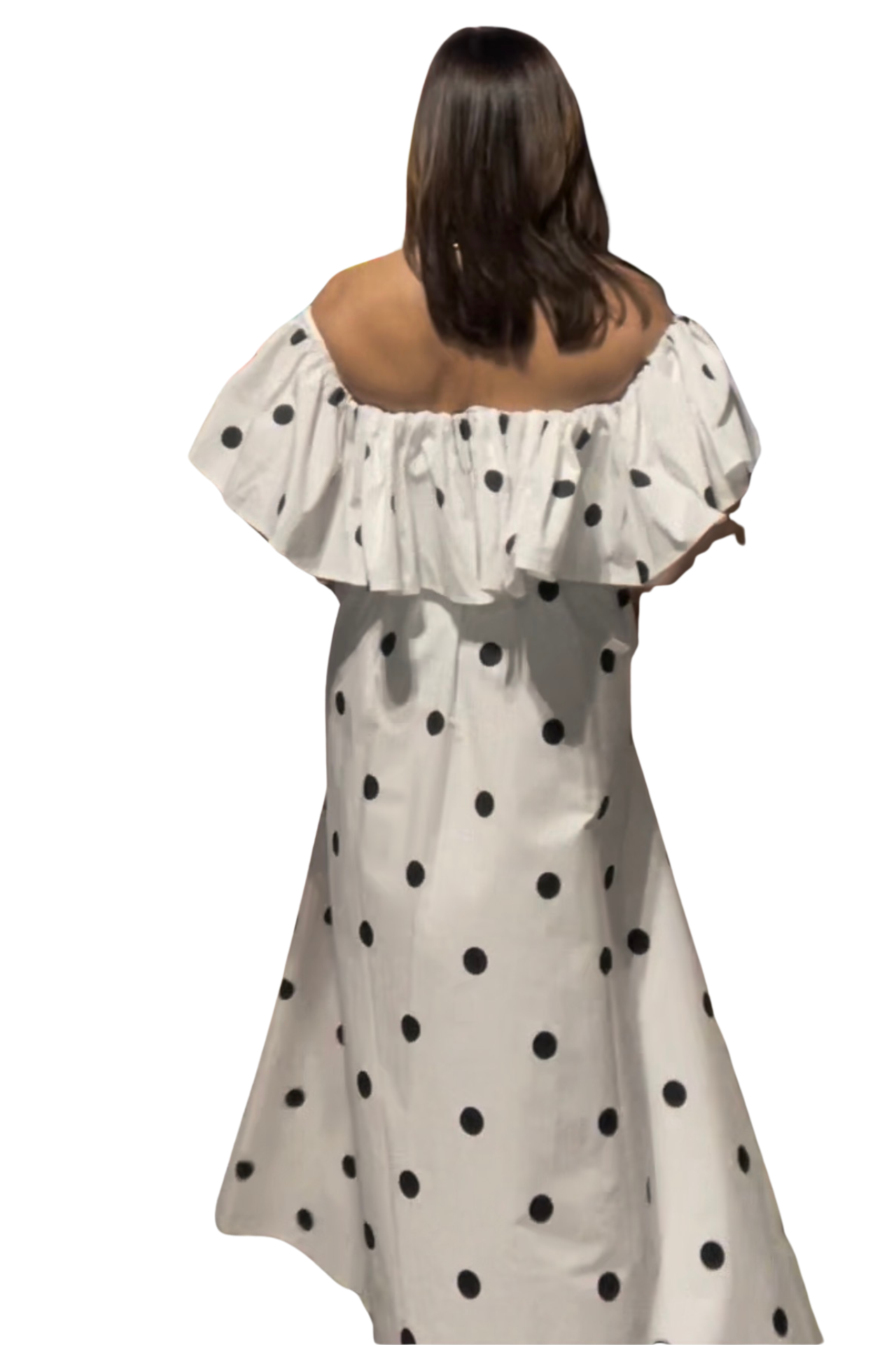 Back view of Monroe Polka Dress with off-the-shoulder ruffle and flowing black-and-white polka dot silhouette