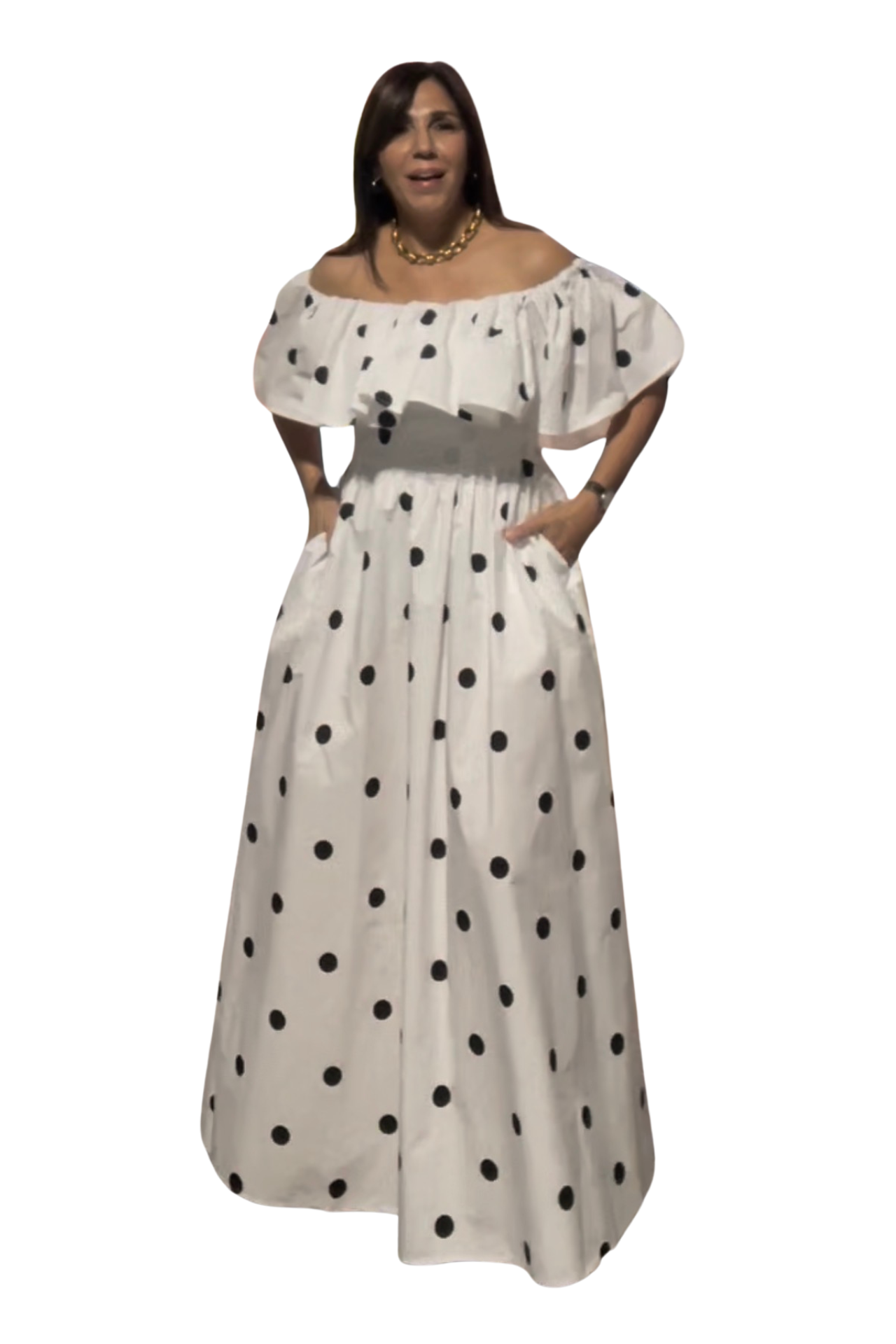 Monroe Polka Dress in white cotton with black polka dots, off-the-shoulder ruffle neckline and maxi silhouette