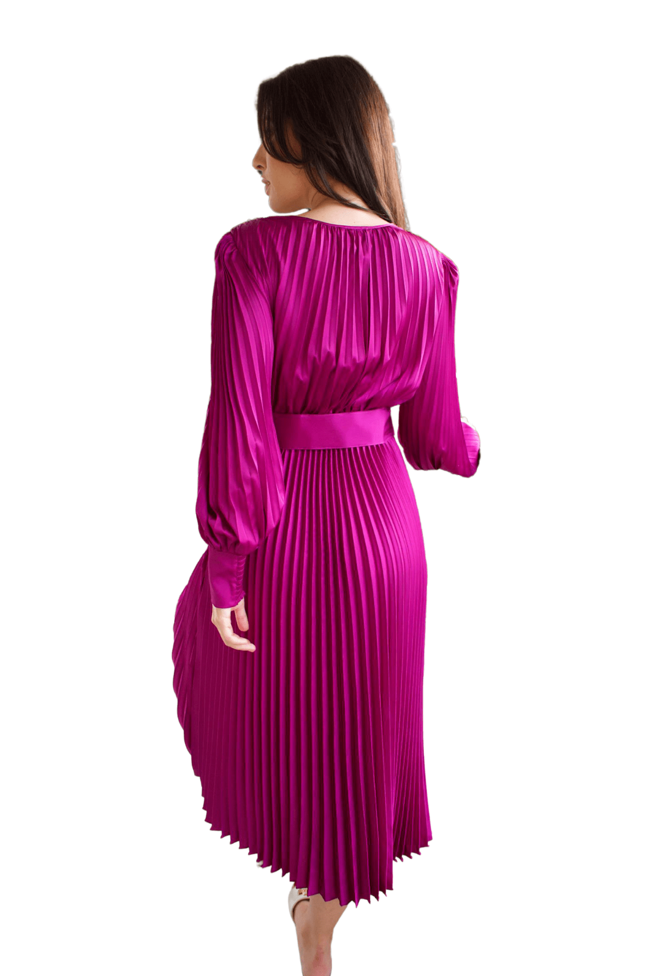 A model wearing a magenta pleated v-neck satin dress with long bubble sleeves and a floral detail on the belt, paired with open-toe heels.