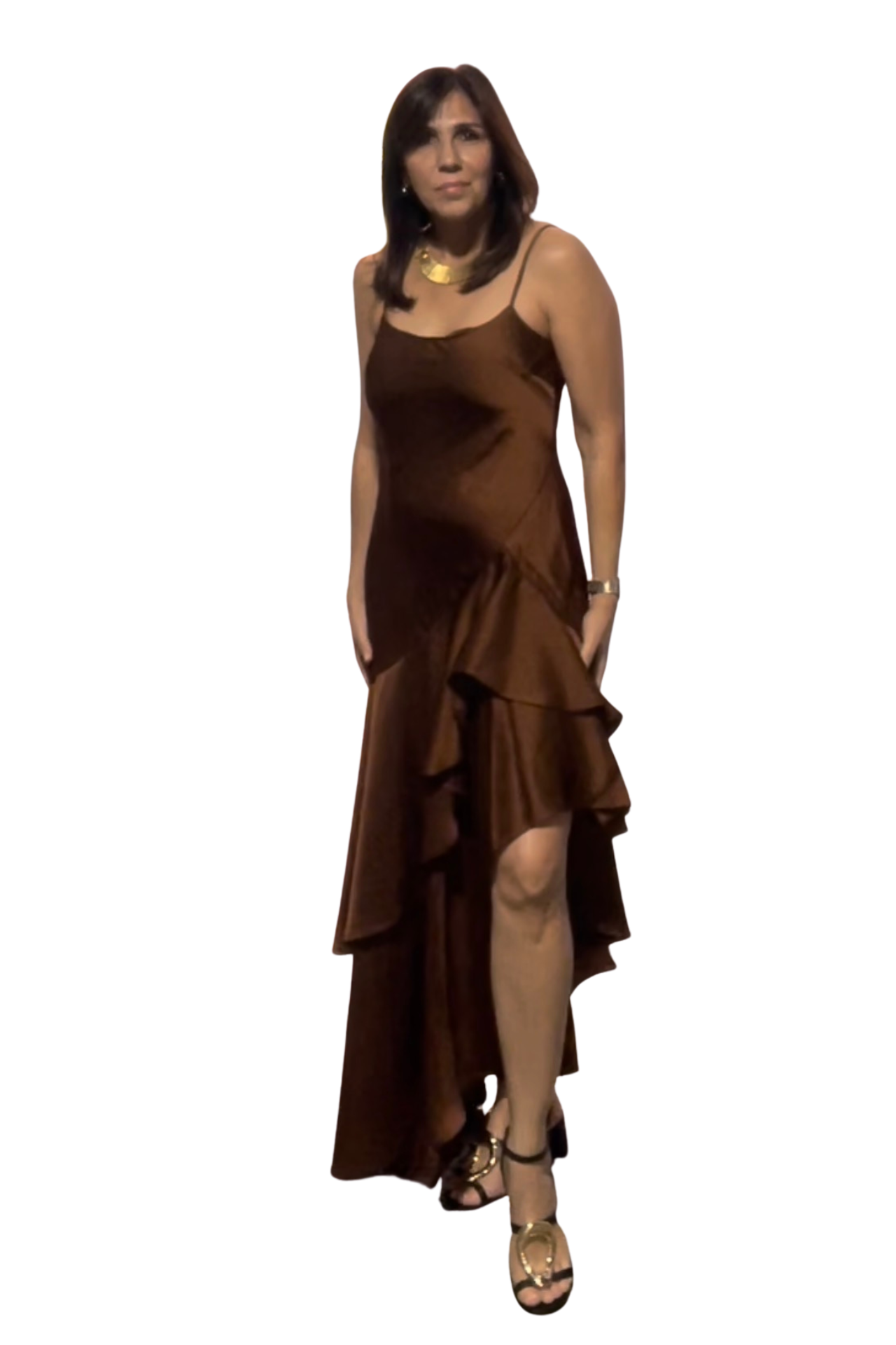 Sienna Cascade Dress in copper brown with spaghetti straps and layered high-low ruffles, front view
