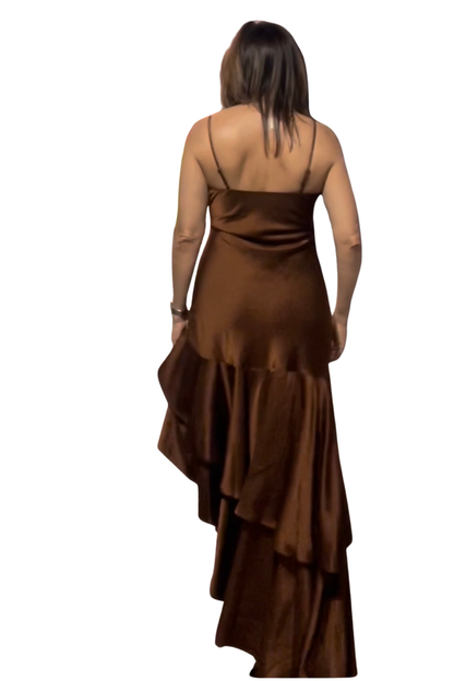 Back view of Sienna Cascade Dress with spaghetti straps and cascading layered hem