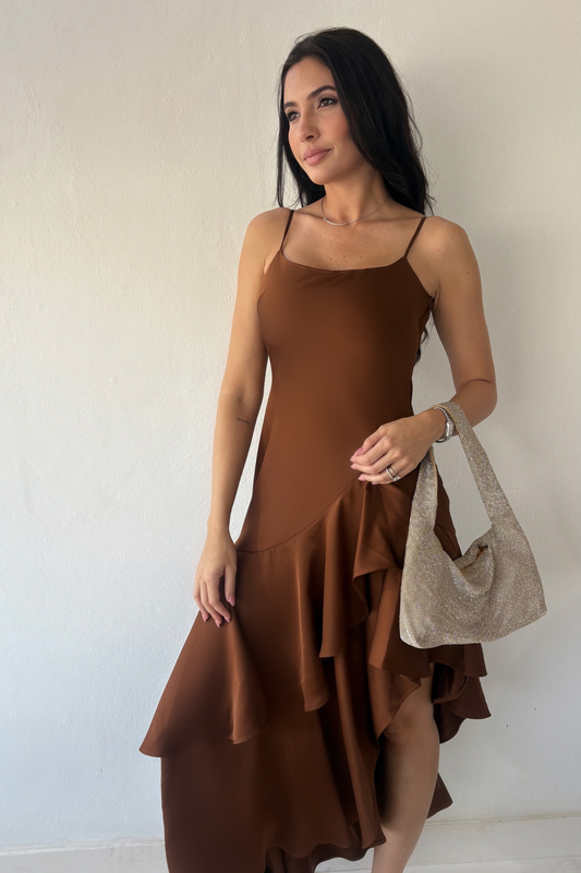 Sienna Cascade Dress in copper brown with spaghetti straps and layered high-low ruffles, front view