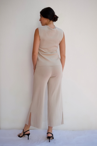 stone tailored vest and wide leg pant set women modern elegant suit boutique style