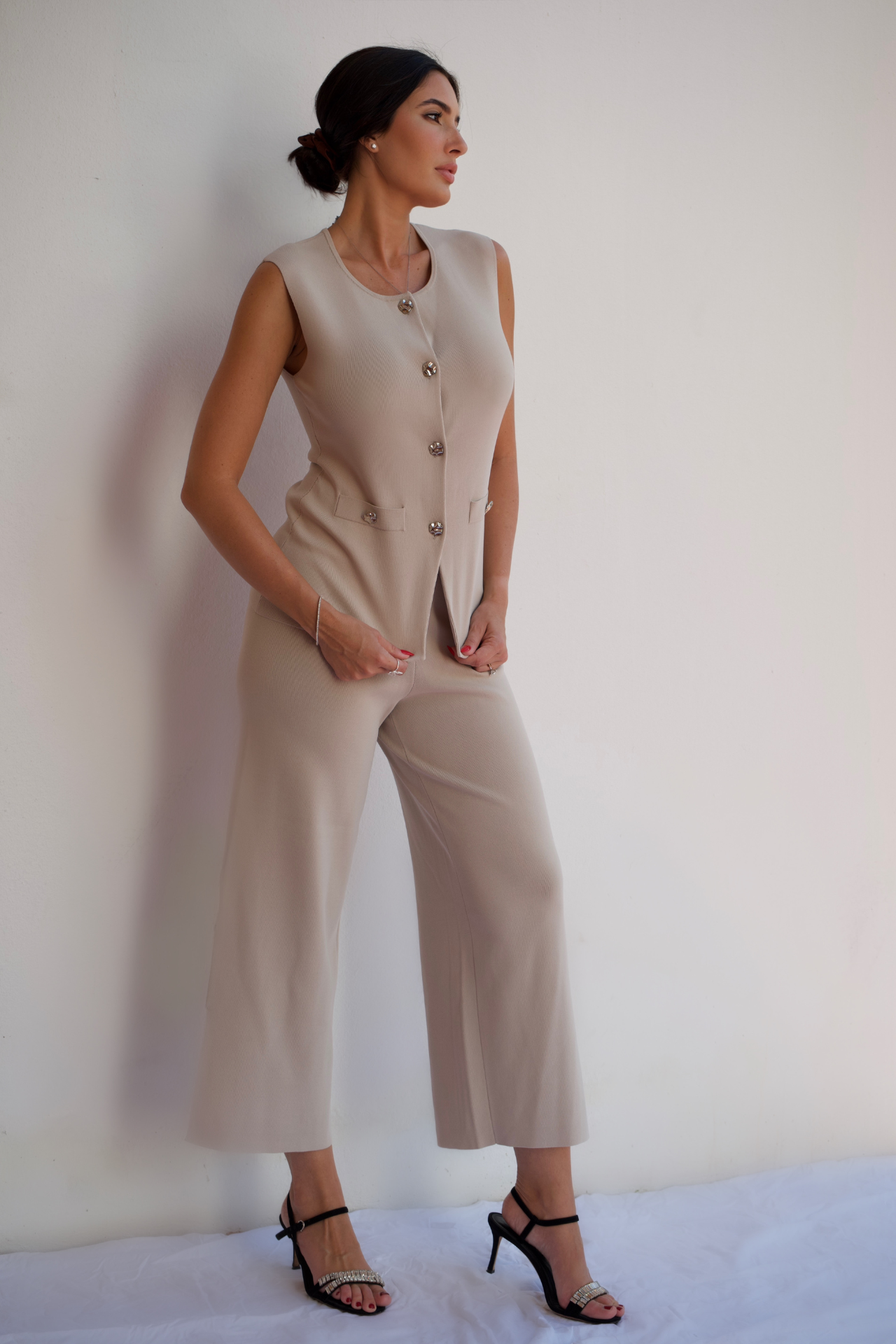 stone tailored vest and wide leg pant set women modern elegant suit boutique style