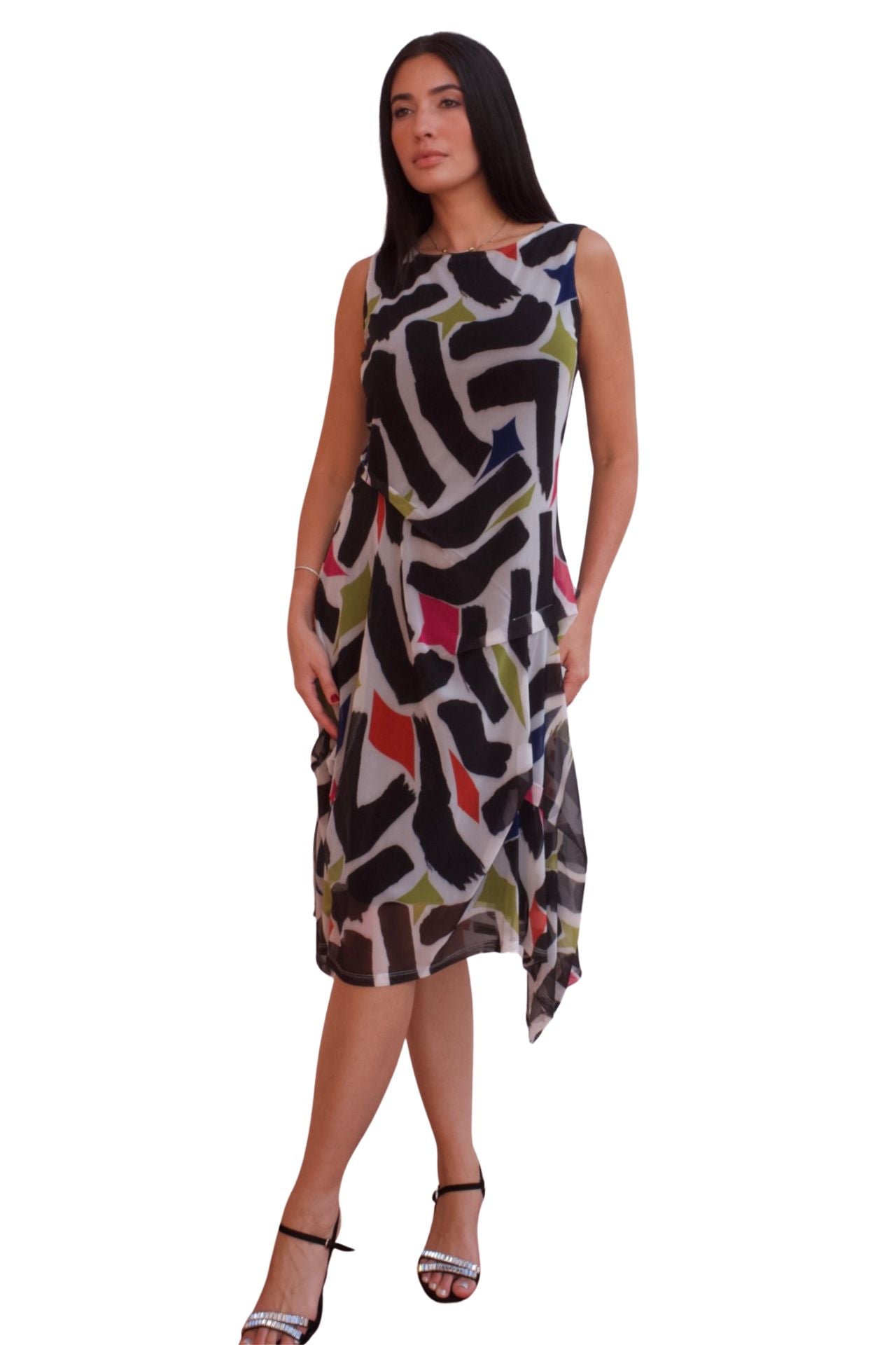 Abstract print mesh midi dress with asymmetrical ruffle hem, modern sleeveless statement dress for women.