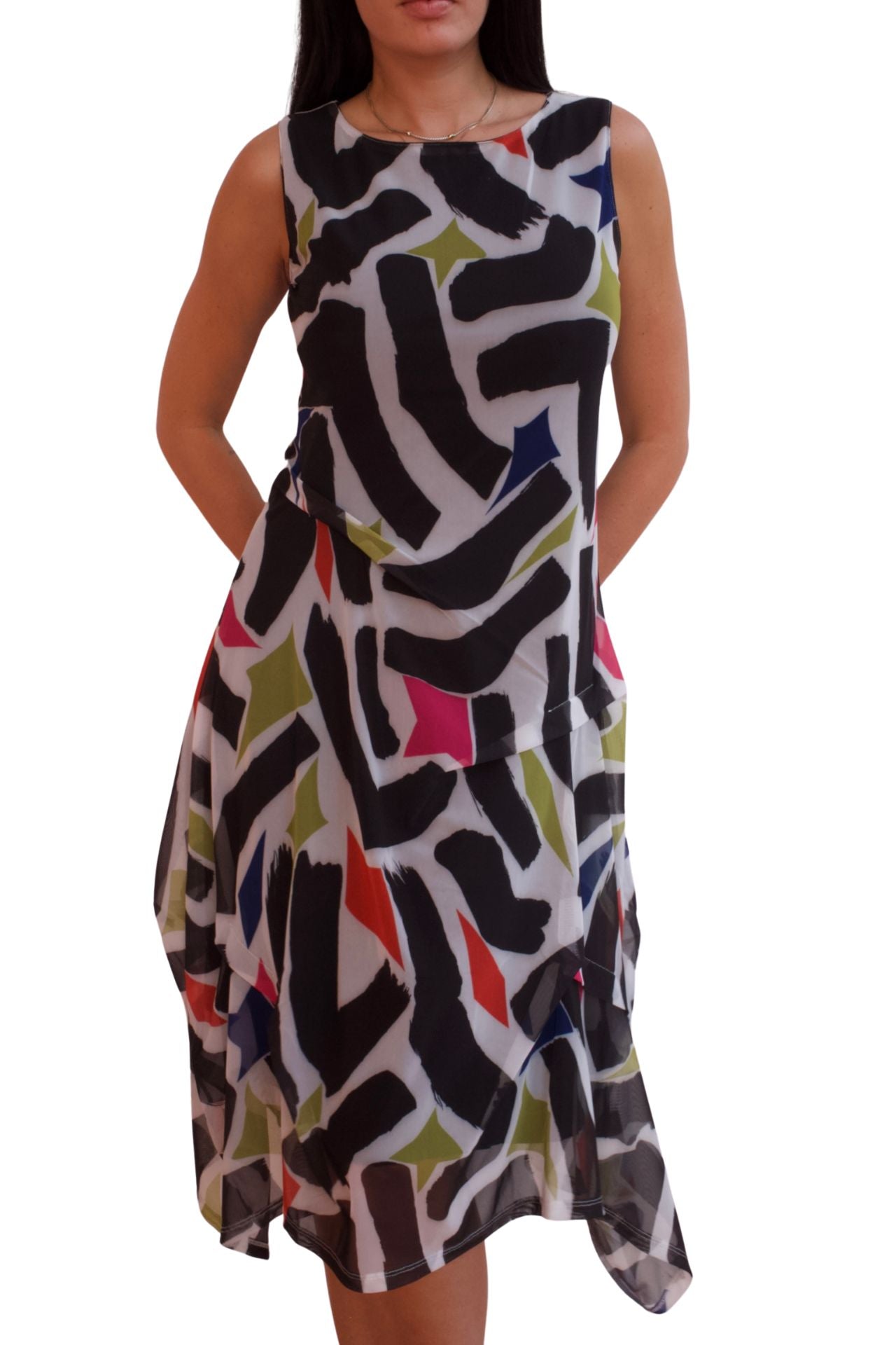 Abstract print mesh midi dress with asymmetrical ruffle hem, modern sleeveless statement dress for women.