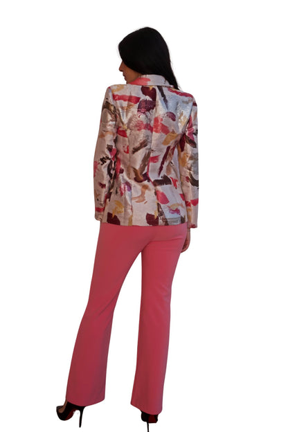 Abstract metallic brushstroke blazer for women with tailored fit, statement jacket in neutral and warm tones with subtle shimmer finish.