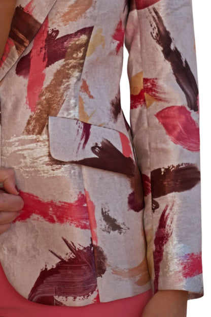 Abstract metallic brushstroke blazer for women with tailored fit, statement jacket in neutral and warm tones with subtle shimmer finish.