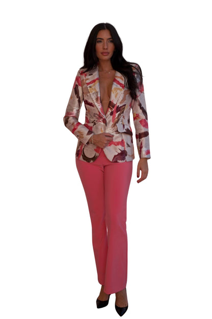 Abstract metallic brushstroke blazer for women with tailored fit, statement jacket in neutral and warm tones with subtle shimmer finish.