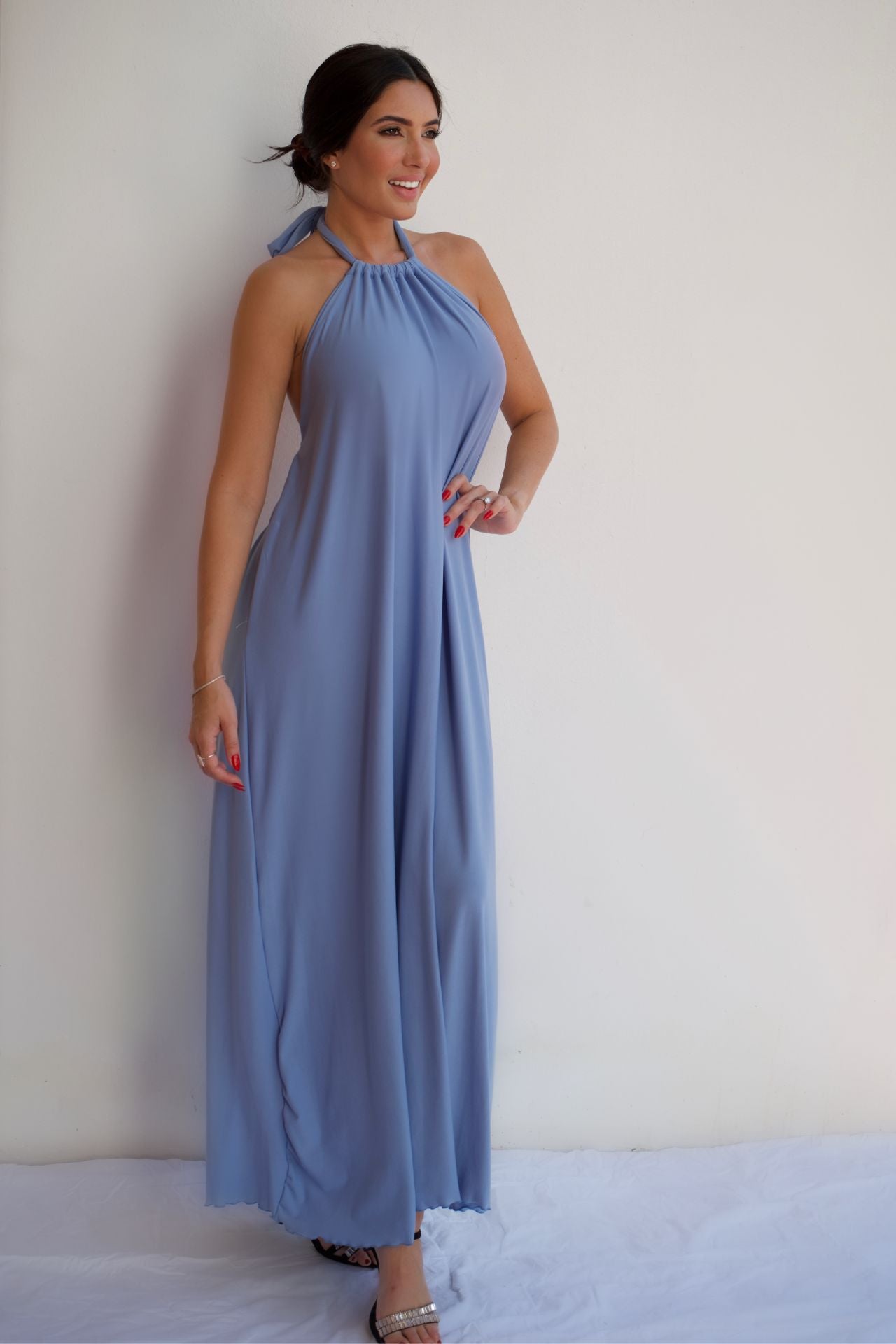 Baby blue halter maxi dress with flowing silhouette and soft draped fabric, elegant sleeveless summer dress for day-to-night occasions