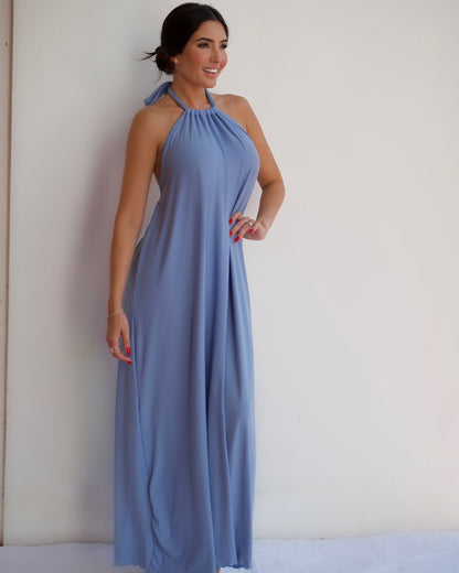 Baby blue halter maxi dress with flowing silhouette and soft draped fabric, elegant sleeveless summer dress for day-to-night occasions