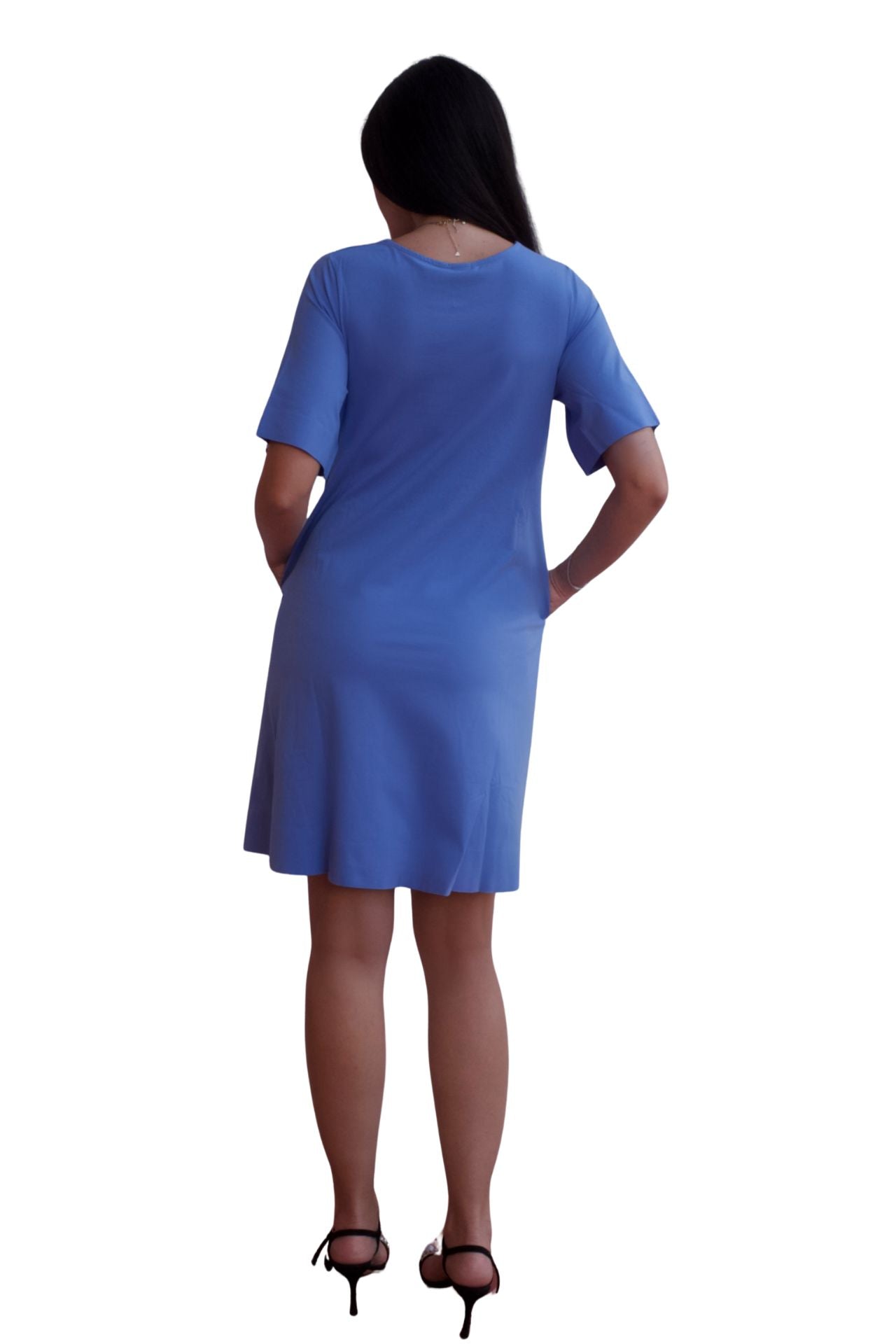 Baby blue relaxed tunic mini dress with pockets and short sleeves, casual chic everyday dress.