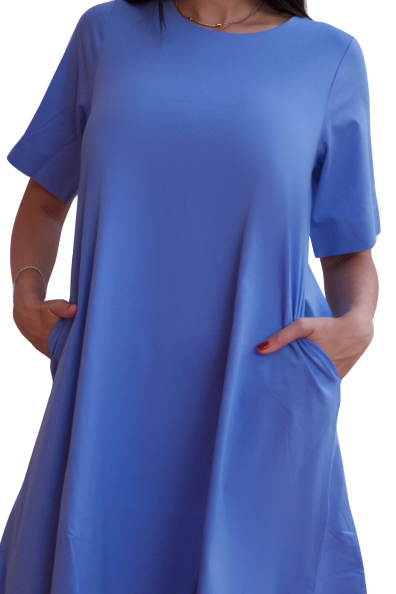 Baby blue relaxed tunic mini dress with pockets and short sleeves, casual chic everyday dress.
