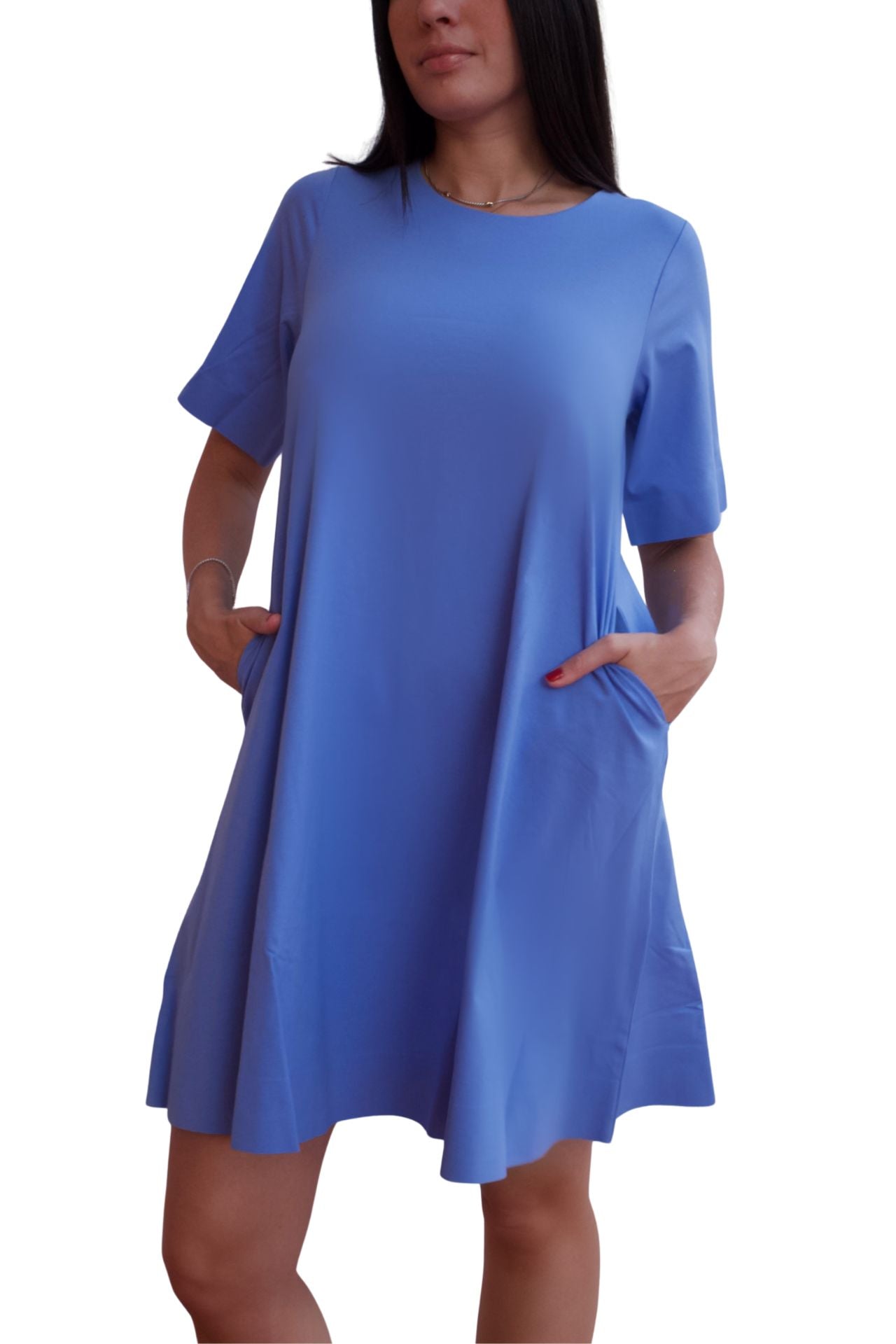 Baby blue relaxed tunic mini dress with pockets and short sleeves, casual chic everyday dress.