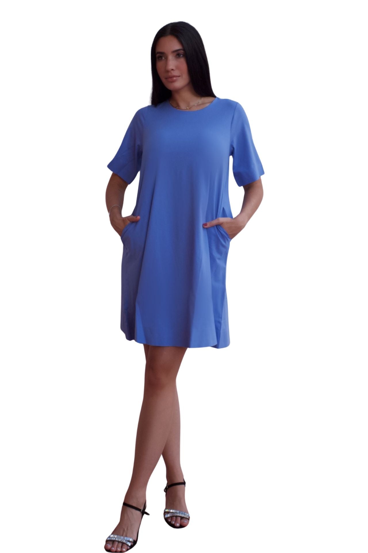 Baby blue relaxed tunic mini dress with pockets and short sleeves, casual chic everyday dress.