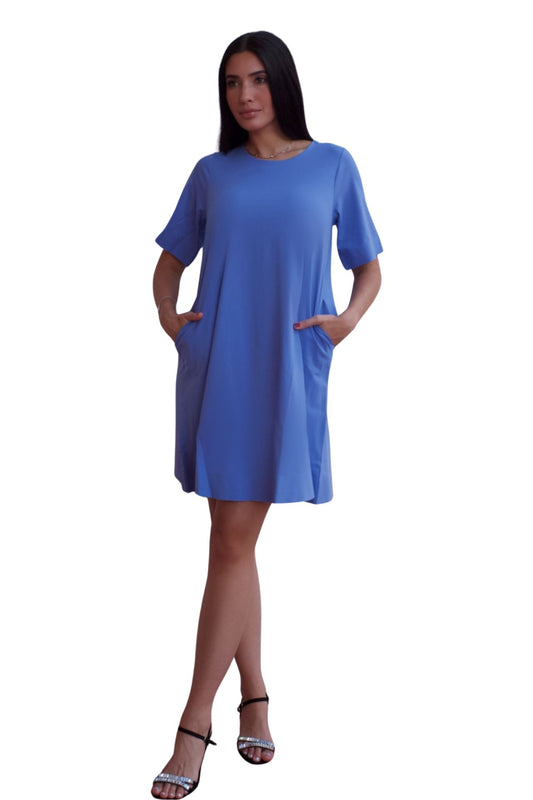Baby blue relaxed tunic mini dress with pockets and short sleeves, casual chic everyday dress.