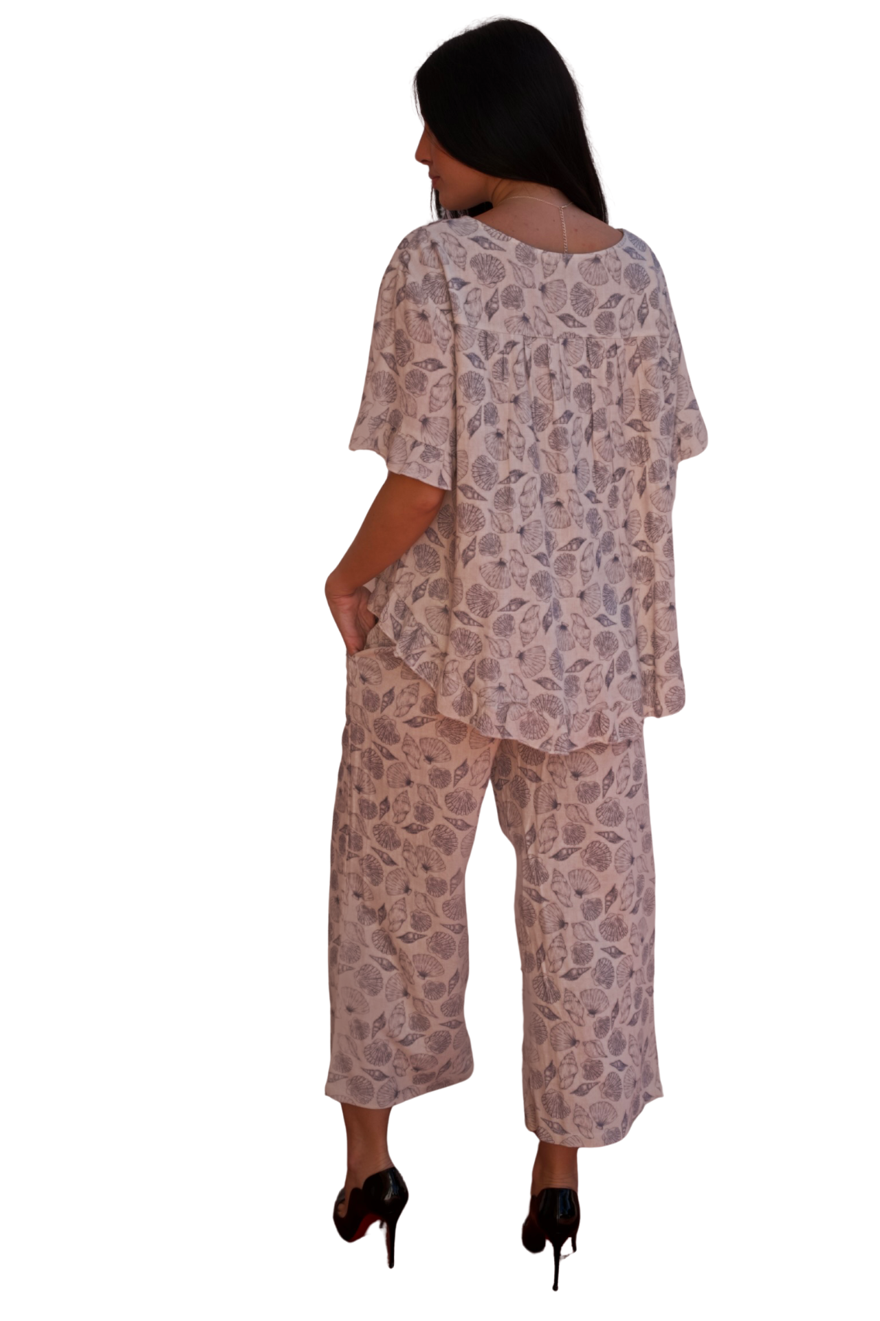 beige seashell print linen blend two piece pant set elegant resort outfit available online and in-store