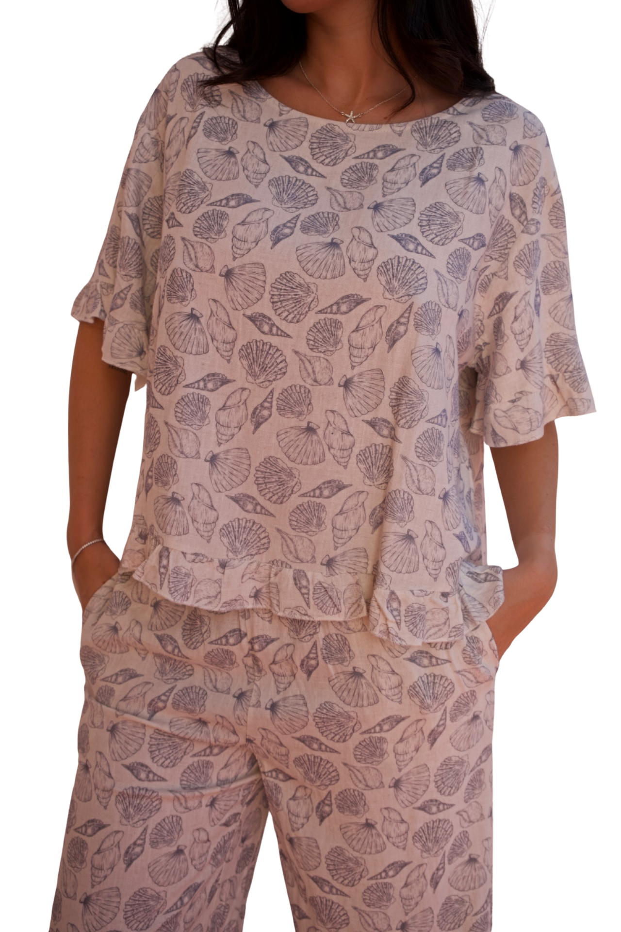 beige seashell print linen blend two piece pant set elegant resort outfit available online and in-store