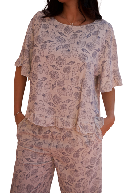 beige seashell print linen blend two piece pant set elegant resort outfit available online and in-store