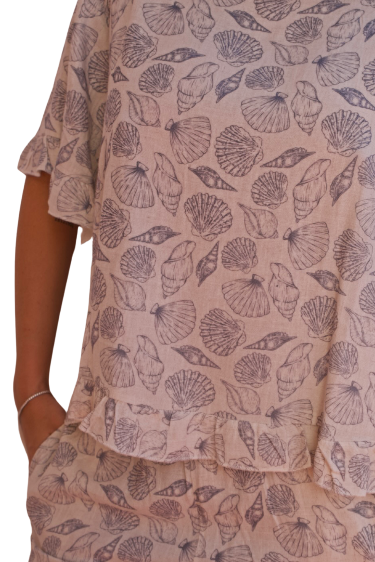 beige seashell print linen blend two piece pant set elegant resort outfit available online and in-store