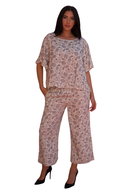 beige seashell print linen blend two piece pant set elegant resort outfit available online and in-store