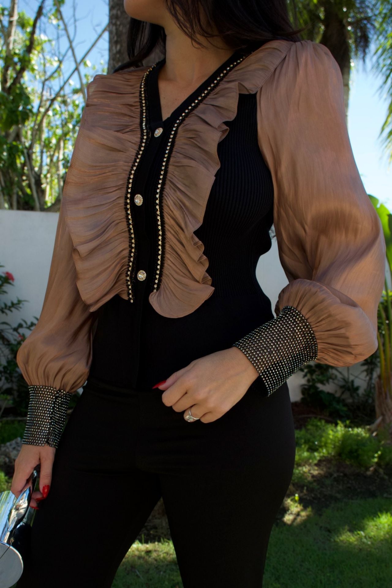Black blouse with champagne satin ruffle front and satin balloon sleeves with crystal cuffs — Elegance Boutique