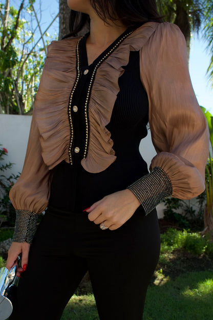 Black blouse with champagne satin ruffle front and satin balloon sleeves with crystal cuffs — Elegance Boutique