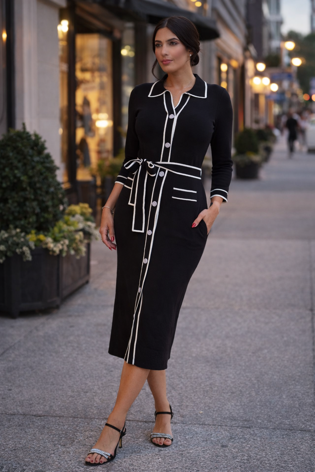 Woman in a black dress with white accents standing on a city street.