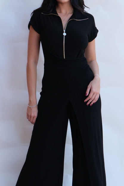 black draped zip front jumpsuit with wide leg silhouette elegant women outfit available online and in-store