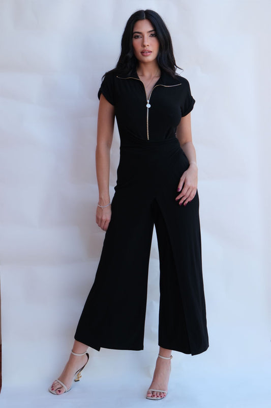 black draped zip front jumpsuit with wide leg silhouette elegant women outfit available online and in-store