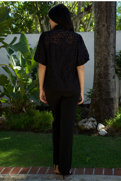 Black embroidered floral blouse with lace collar and bubble sleeves — includes tank top, Elegance Boutique