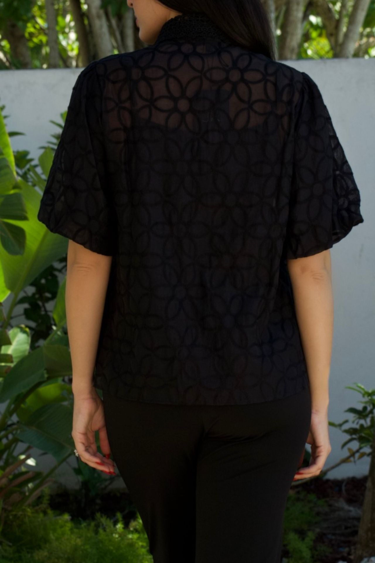 Black embroidered floral blouse with lace collar and bubble sleeves — includes tank top, Elegance Boutique