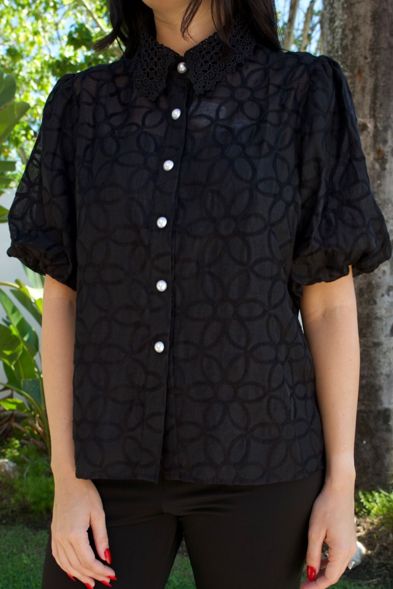Black embroidered floral blouse with lace collar and bubble sleeves — includes tank top, Elegance Boutique