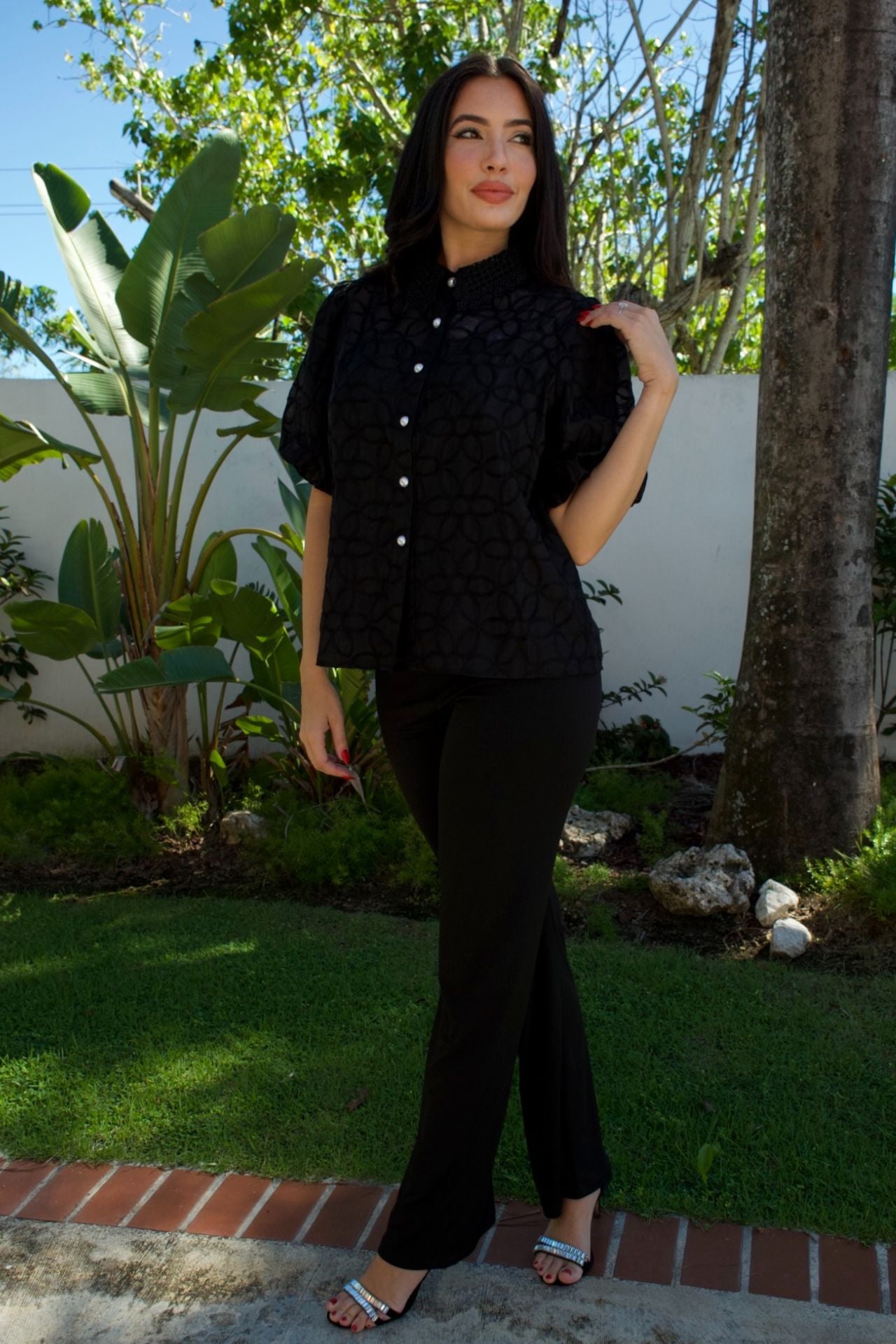 Black embroidered floral blouse with lace collar and bubble sleeves — includes tank top, Elegance Boutique