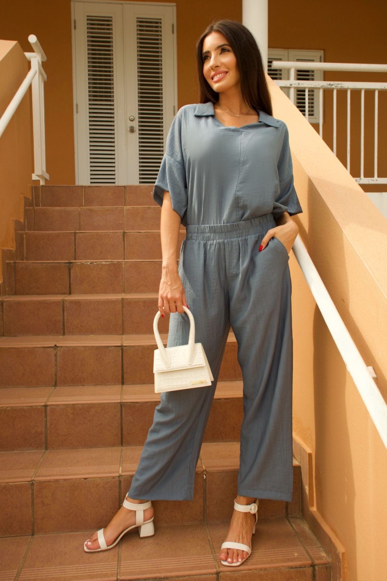 Blue-Gray V-Neck Top & Elastic Waist Pant Set - front view, V-neck top and flowy pants.

