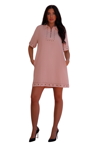 blush cotton stud detail shift dress casual chic women zip front dress available online and in-store