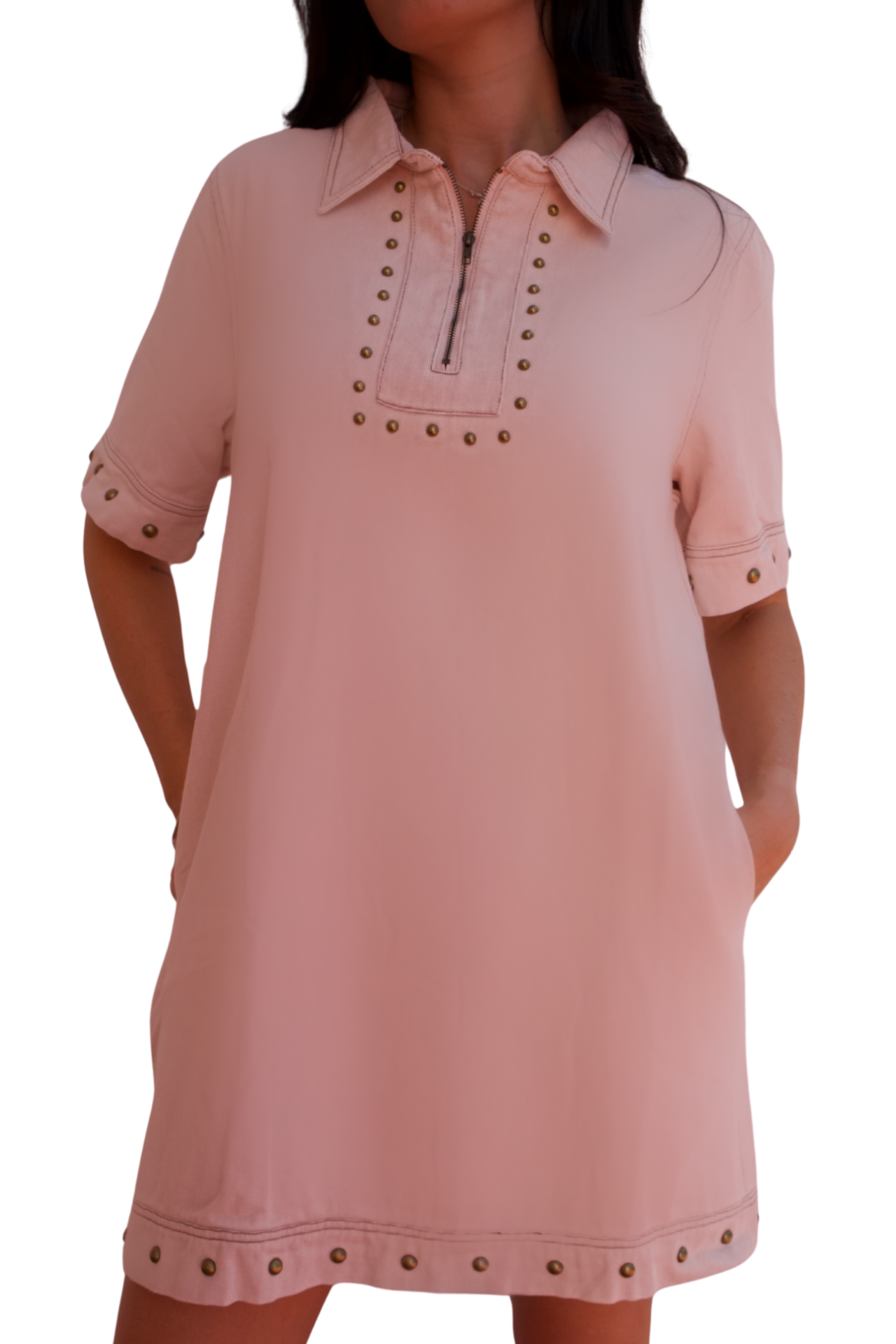 blush cotton stud detail shift dress casual chic women zip front dress available online and in-store