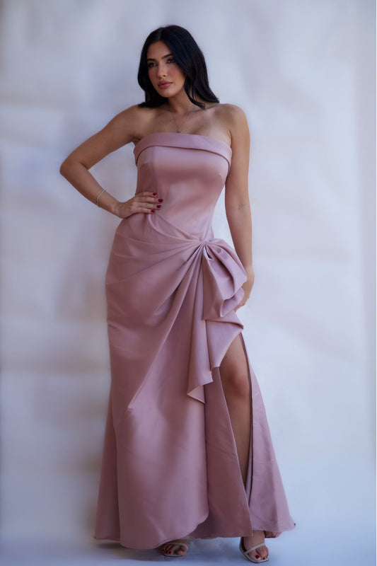Blush satin strapless draped evening gown with detachable straps and side knot detail