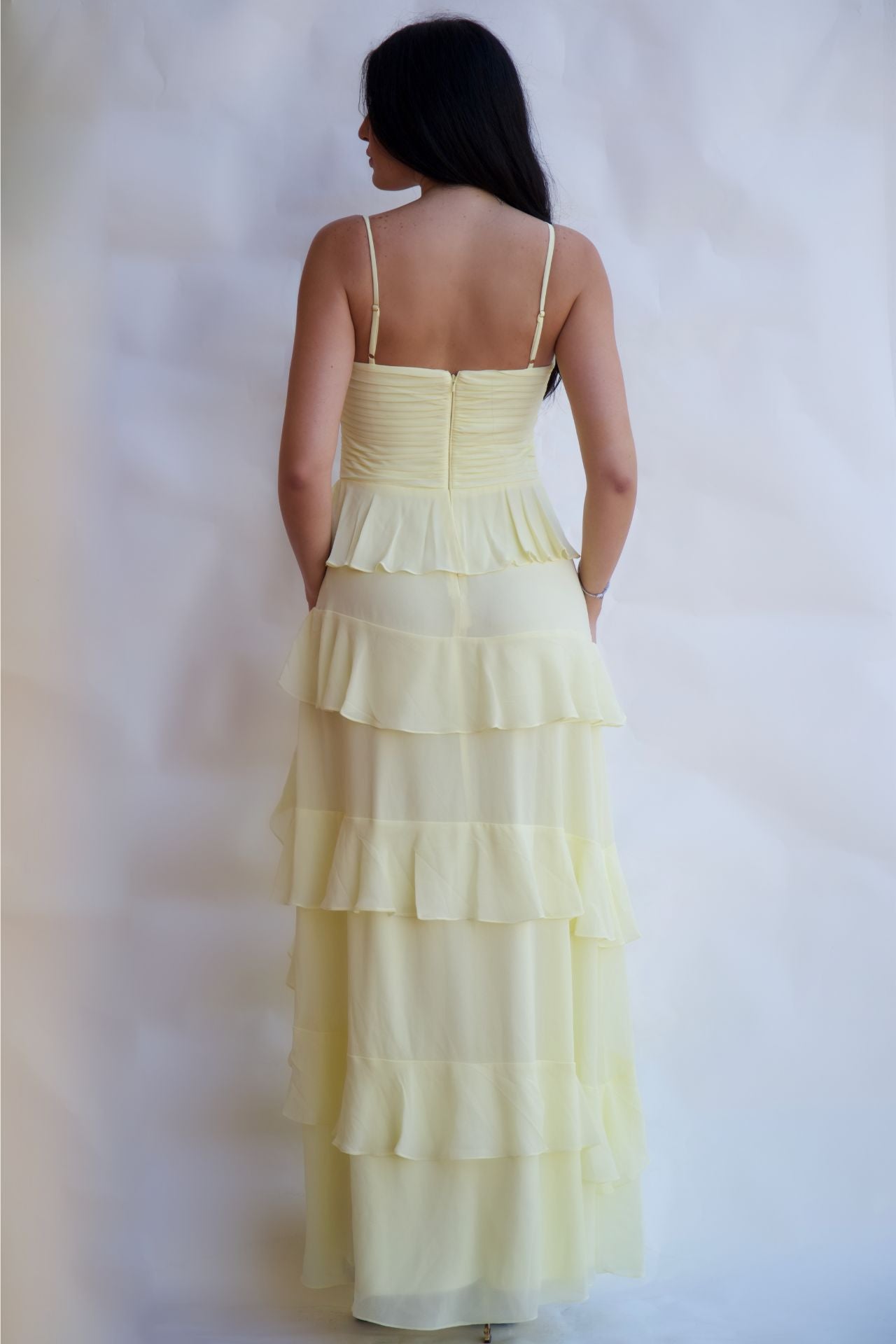 Butter yellow layered ruffle evening gown elegant formal dress