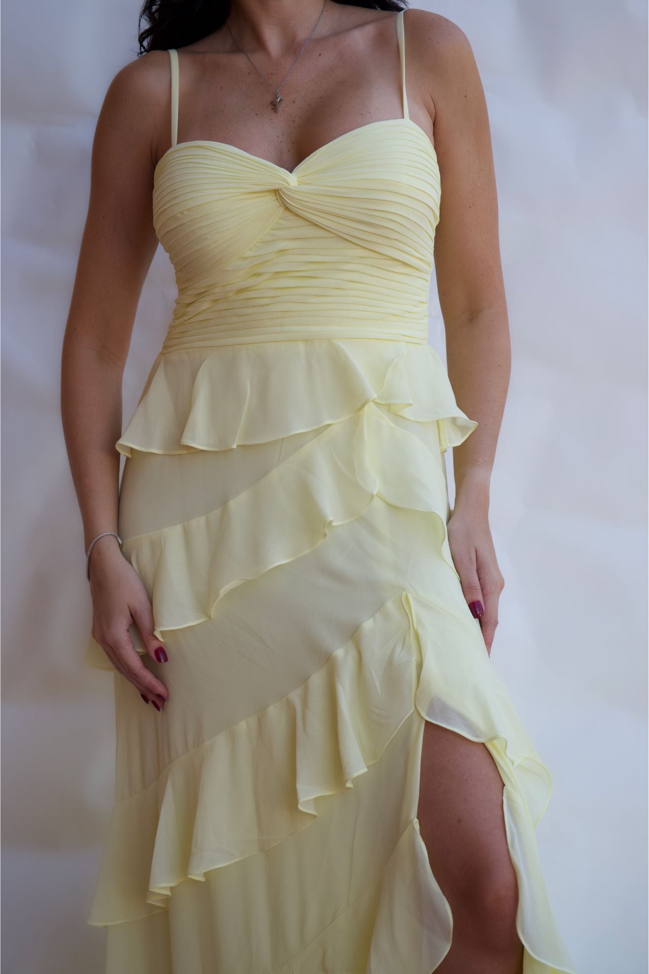 Butter yellow layered ruffle evening gown elegant formal dress