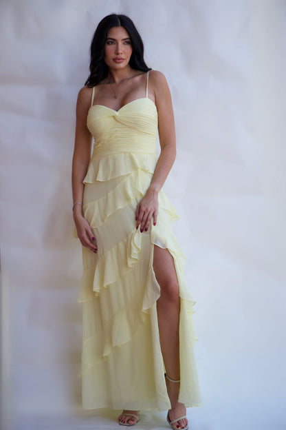 Butter yellow layered ruffle evening gown elegant formal dress