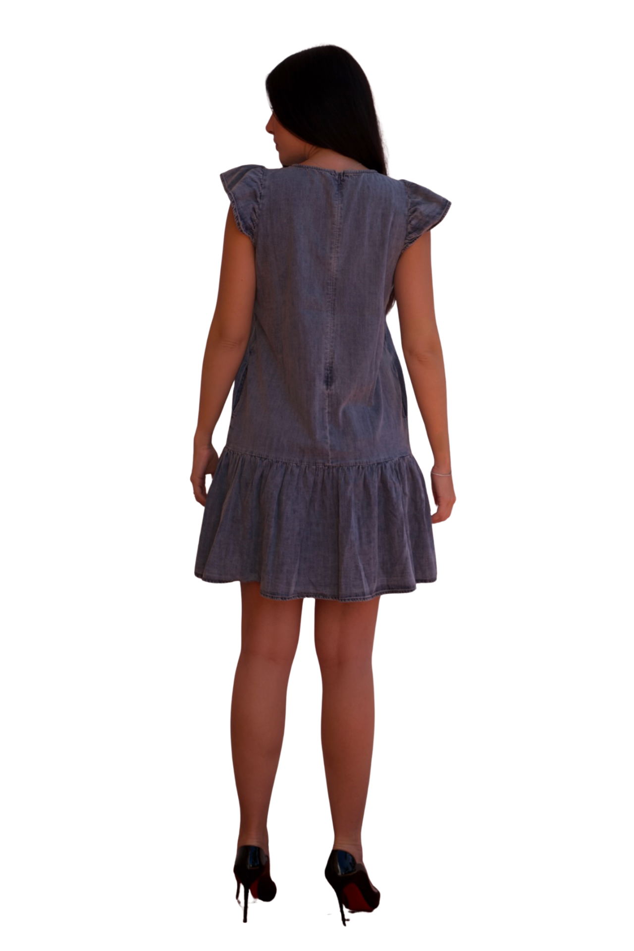 Chambray mini dress with ruffle sleeves and hem, lightweight denim summer dress for women with relaxed fit and feminine silhouette.