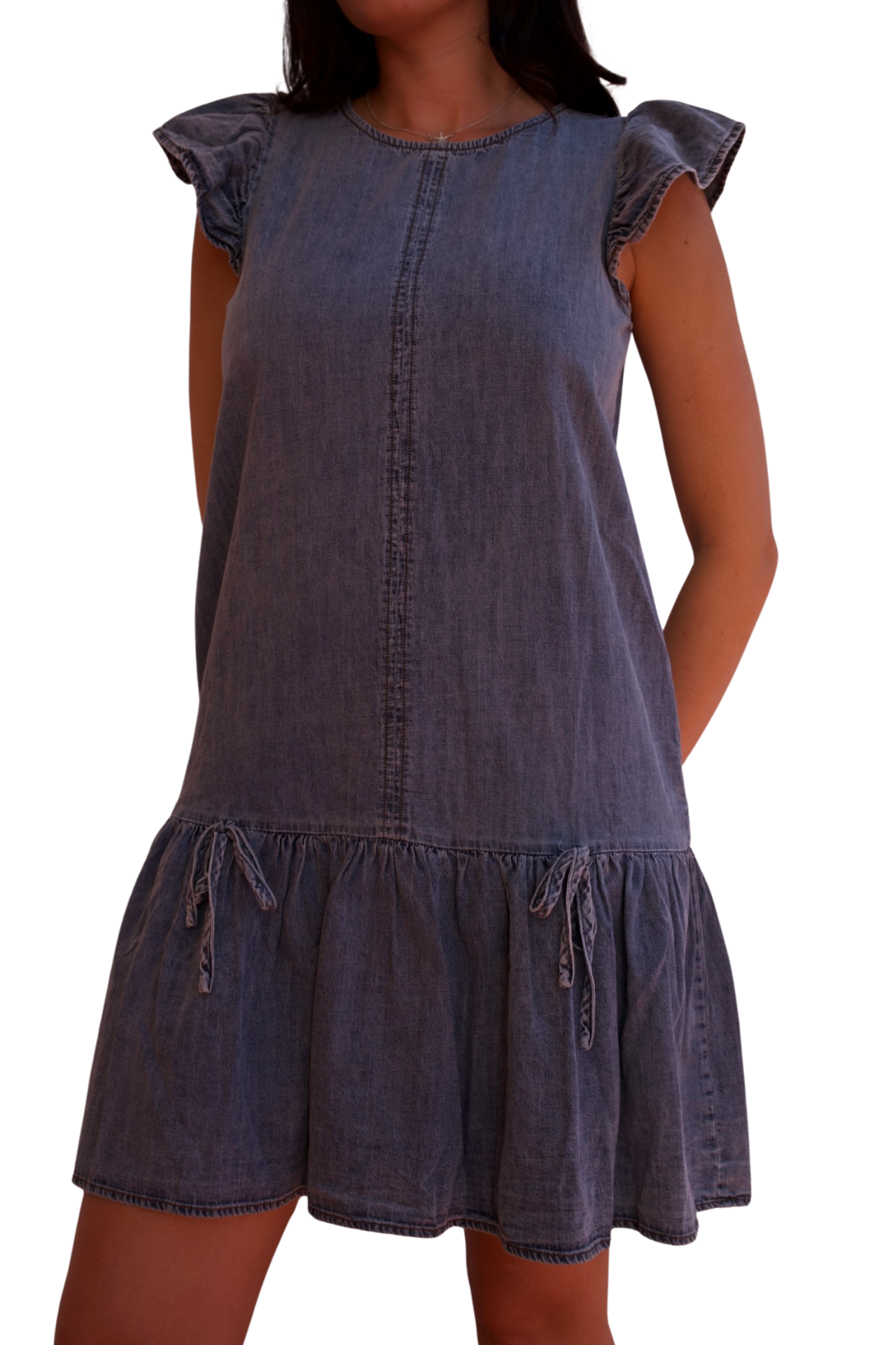Chambray mini dress with ruffle sleeves and hem, lightweight denim summer dress for women with relaxed fit and feminine silhouette.