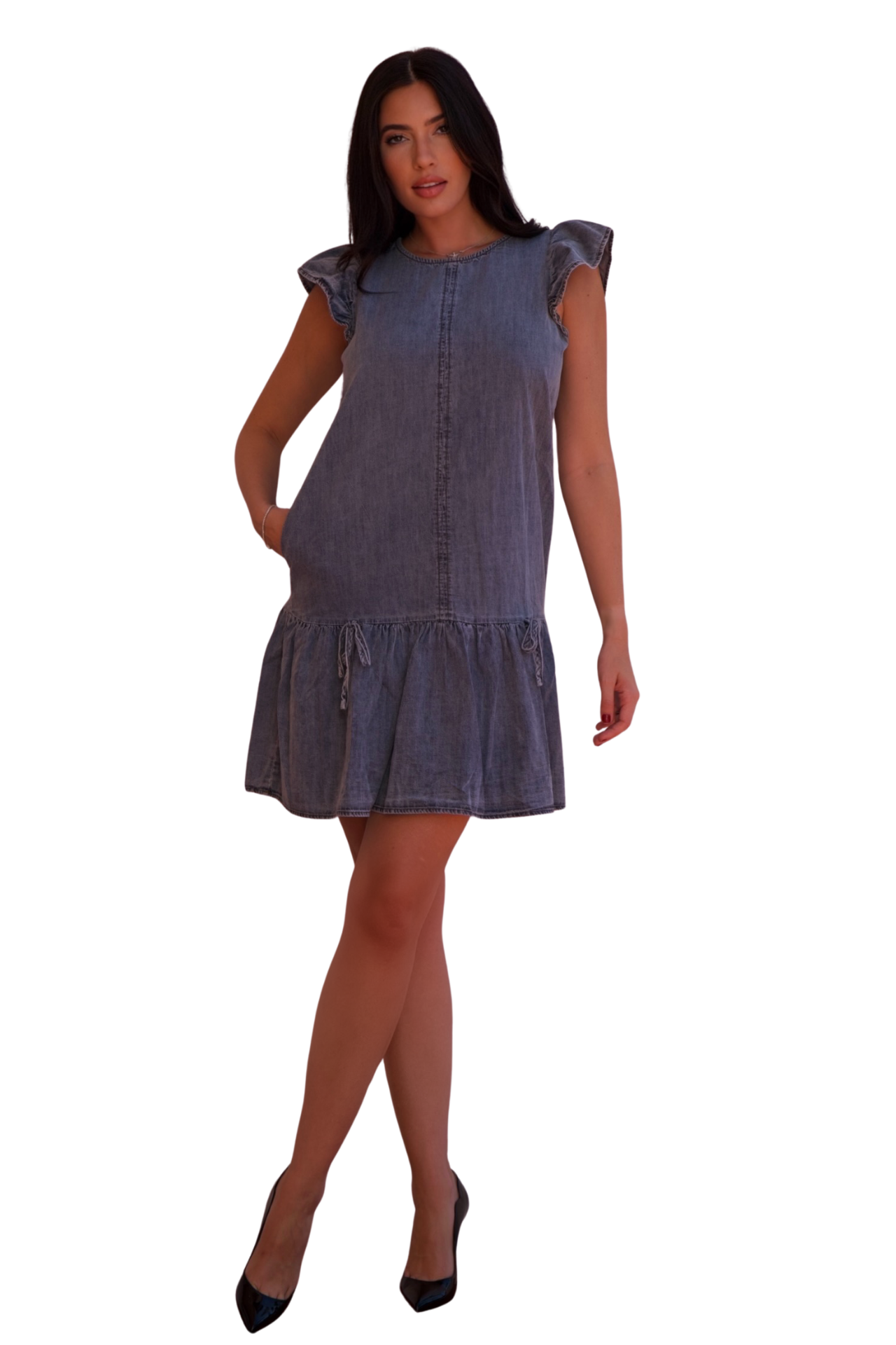 Chambray mini dress with ruffle sleeves and hem, lightweight denim summer dress for women with relaxed fit and feminine silhouette.
