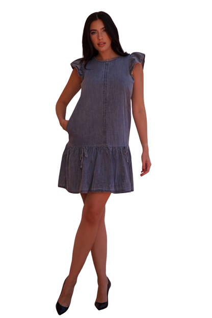 Chambray mini dress with ruffle sleeves and hem, lightweight denim summer dress for women with relaxed fit and feminine silhouette.