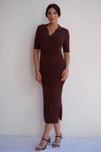 Chocolate textured knit midi dress with a flattering silhouette, styled for an elegant day-to-night look.