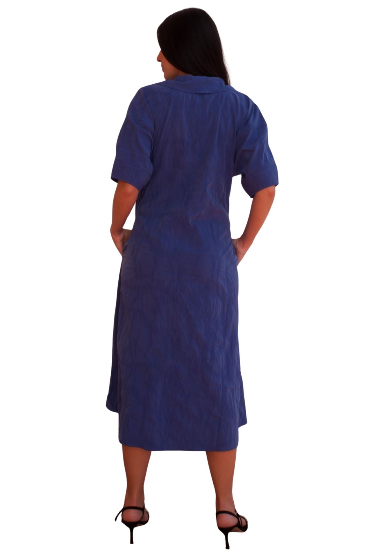 Blue midi shirt dress with relaxed fit and pockets, elegant casual day-to-night dress.