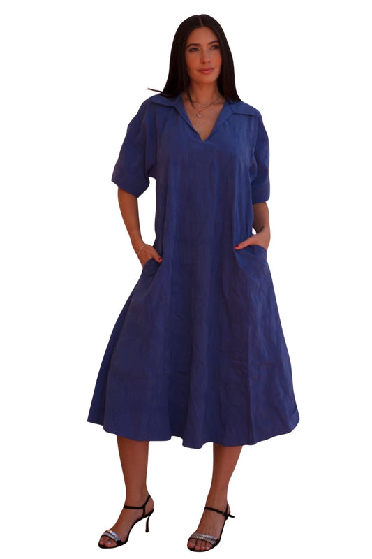 Blue midi shirt dress with relaxed fit and pockets, elegant casual day-to-night dress.